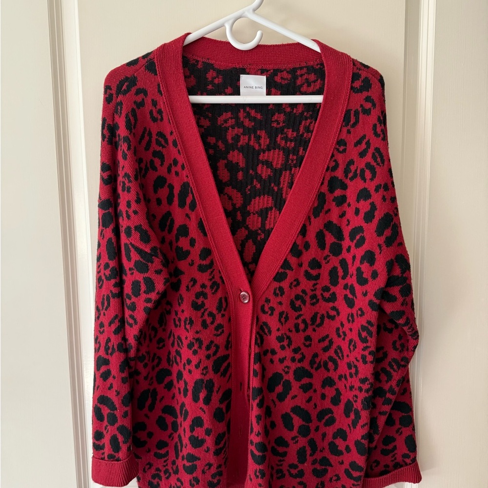 Anine Bing Red and Black Animal Print Cardigan